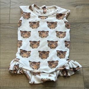 Kate Quinn Baby Ruffle Romper with Tiger Print - Cream/Tan 18-24 Months